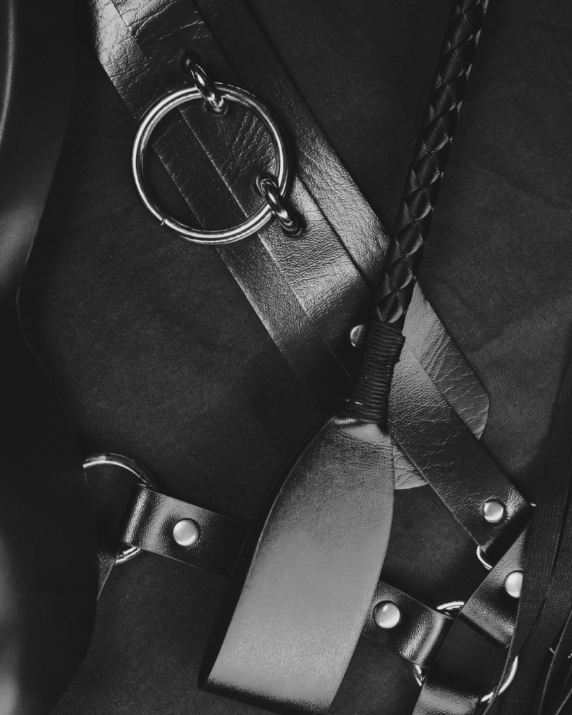 BDSM-Zubehör aus Leder, darunter ein Ring, ein geflochtener Riemen und Schnallen, symbolisiert Kontrolle und Sicherheit in der BDSM-Welt.