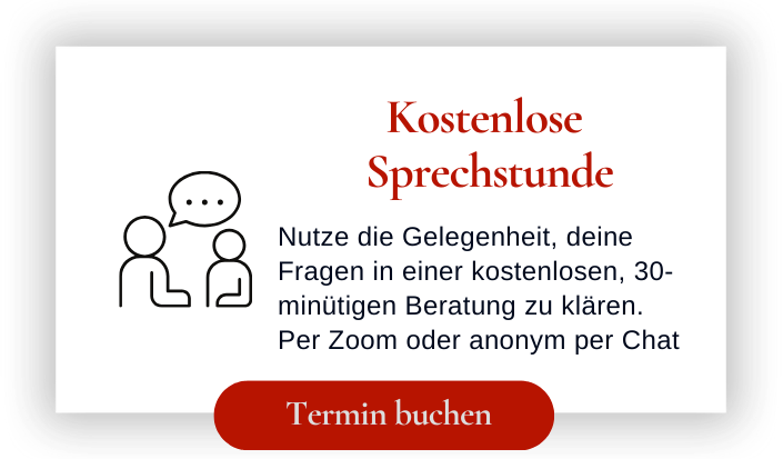 Kostenlose Sprechstunde – Illustration zweier Personen im Gespräch, Symbol für eine vertrauliche, anonyme Beratung.
